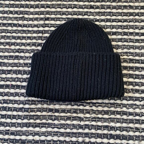 ?Acne Studio Adult Pansy Face Patch Ribbed Wool Black Chunky knit Beanie Hat OS main image 6
